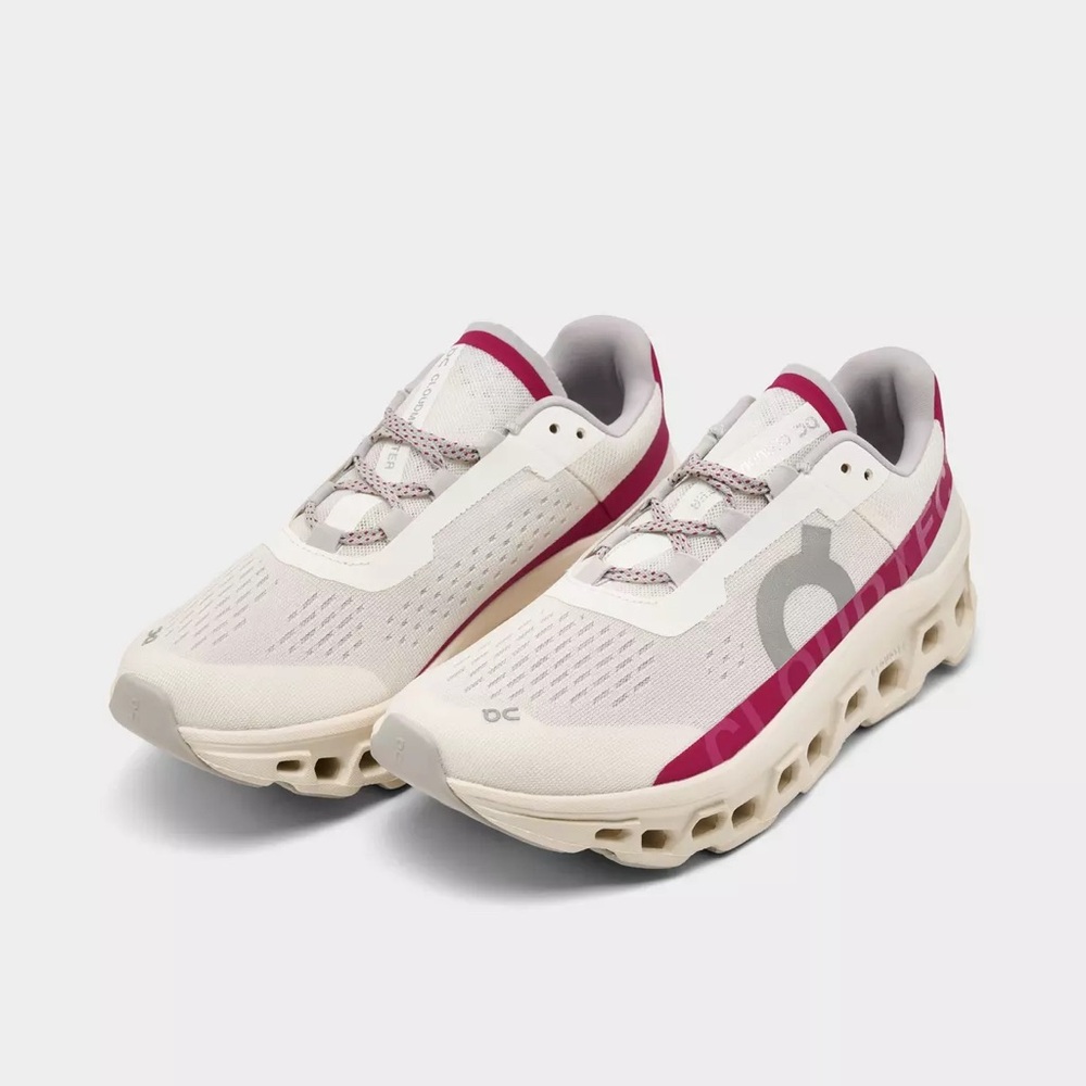 On Running Women's Cloudmonster Sneaker in White with Magenta Accents - Picture 2 of 9